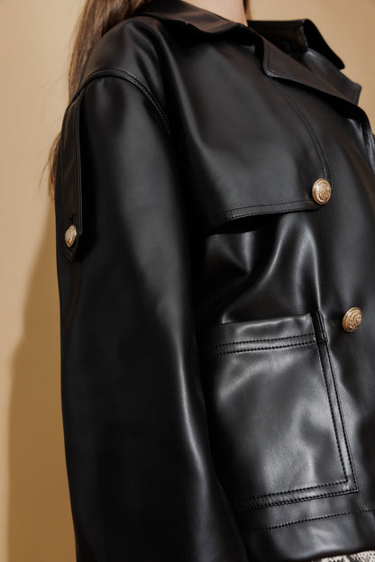 Black Faux Leather Crop Trench