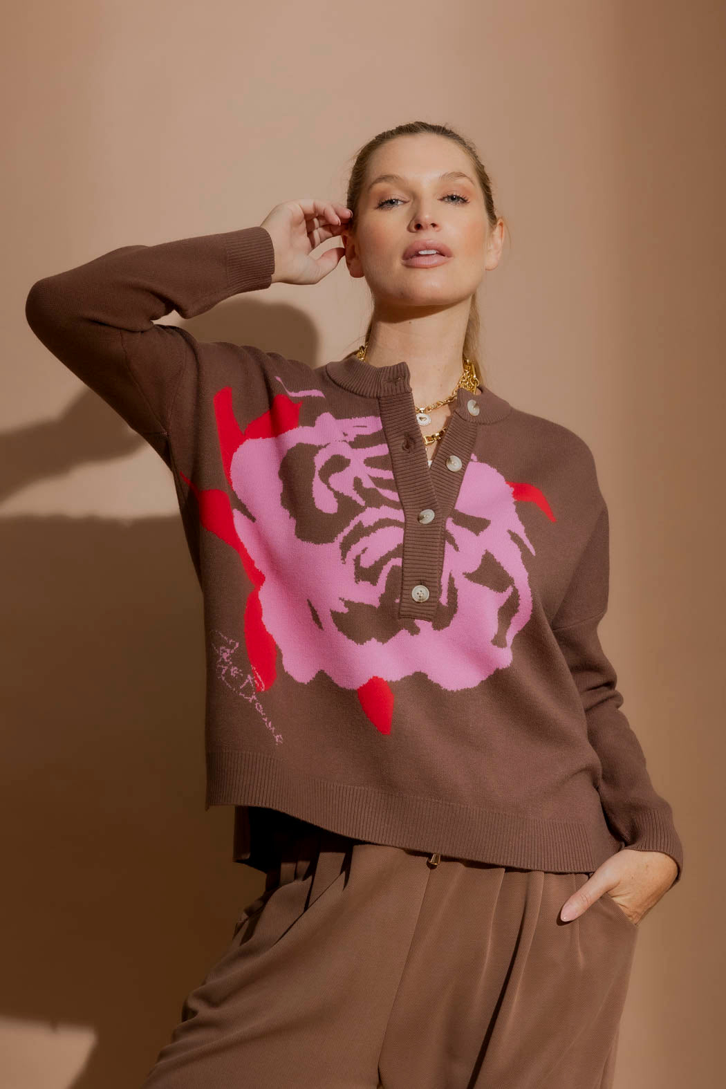 Caramel Blossom Button Jumper Caramel S