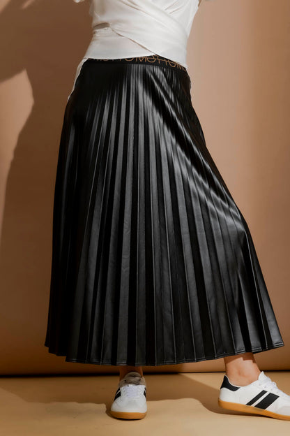 Black Croc Coated Pleat Skirt