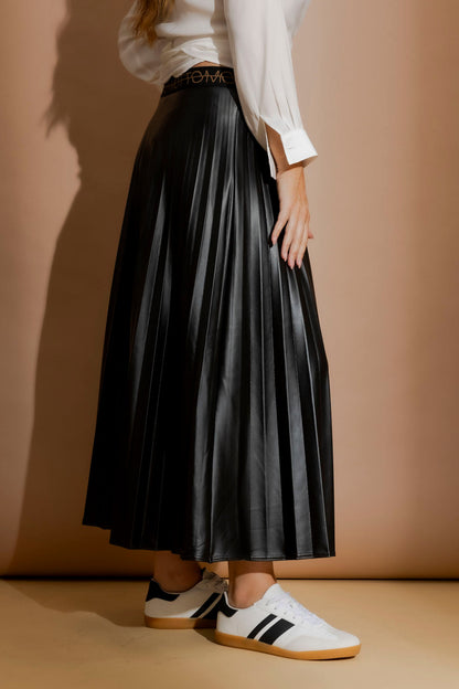 Black Croc Coated Pleat Skirt