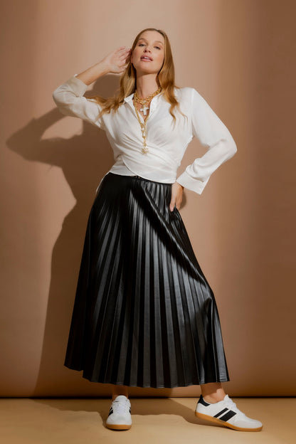 Black Croc Coated Pleat Skirt