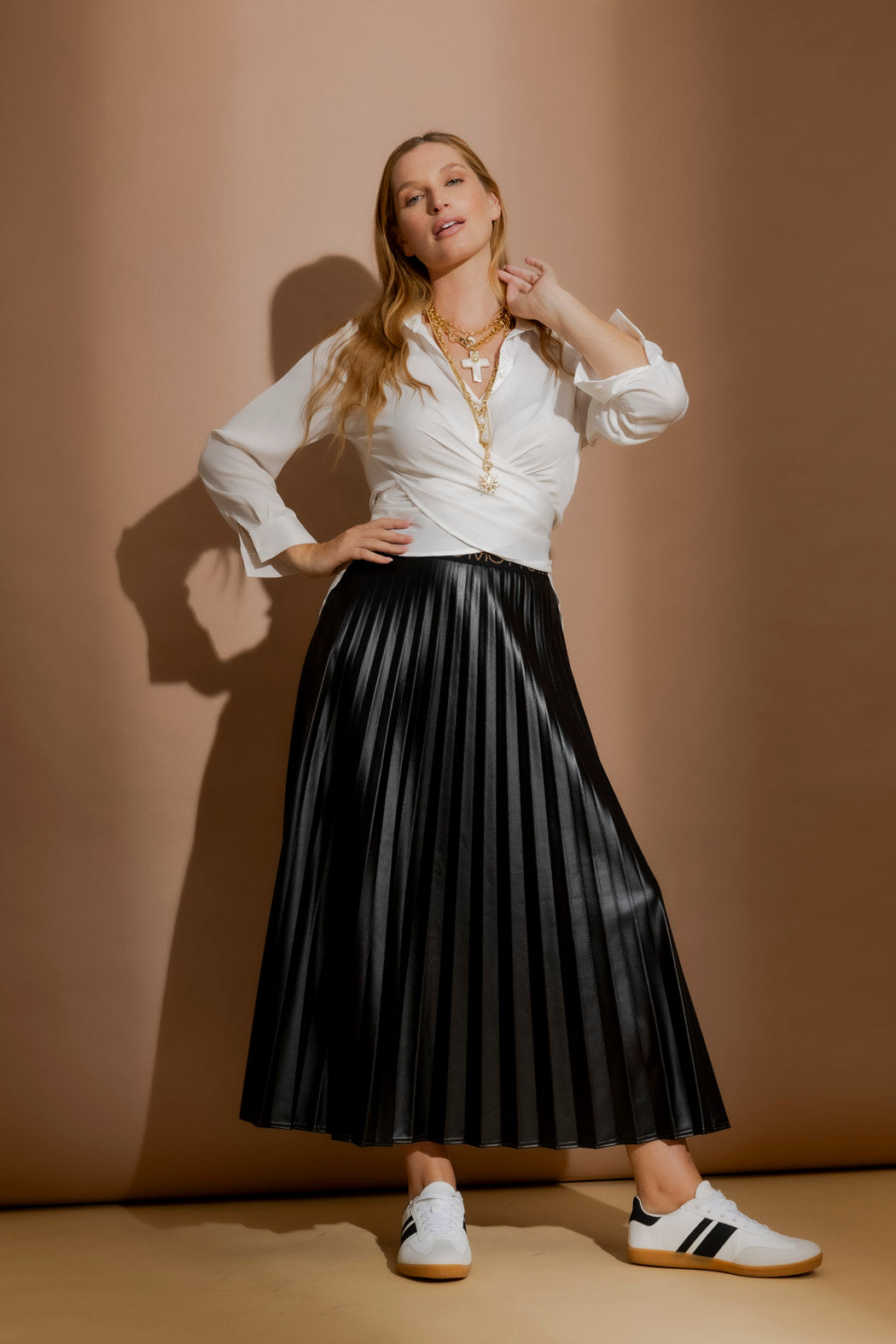 Black Croc Coated Pleat Skirt