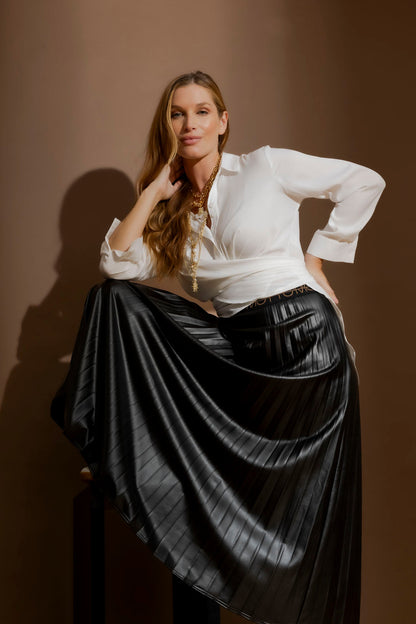 Black Croc Coated Pleat Skirt