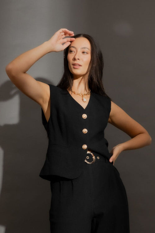 Black Sandwashed Linen Tailored Vest