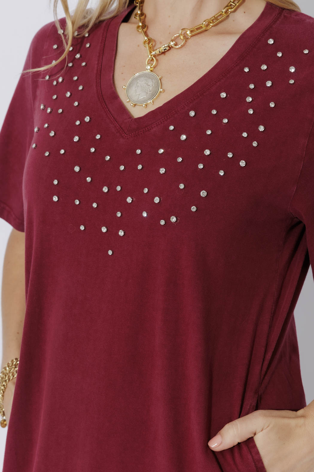 Burgundy Washed Cotton Diamante Dress