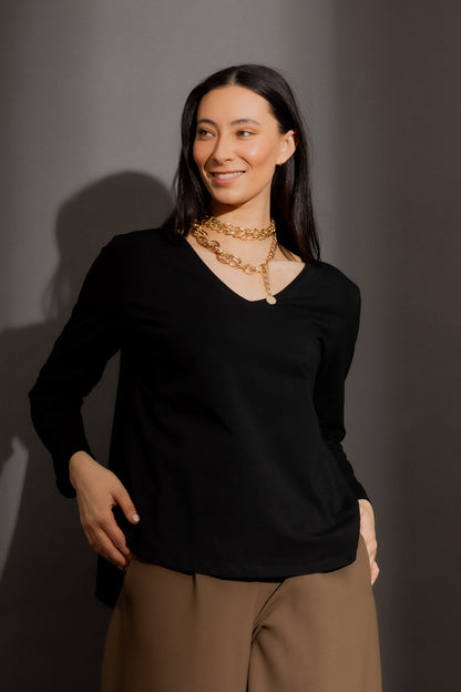 Black V Neck Long Sleeve Tee