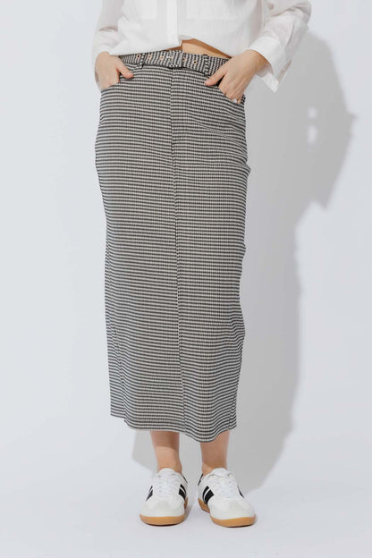 Black/White Lurex Belted Midi Skirt