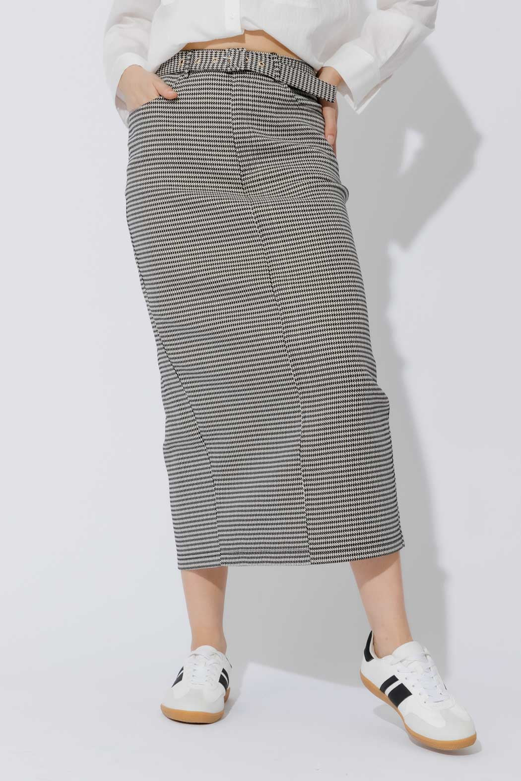 Black/White Lurex Belted Midi Skirt