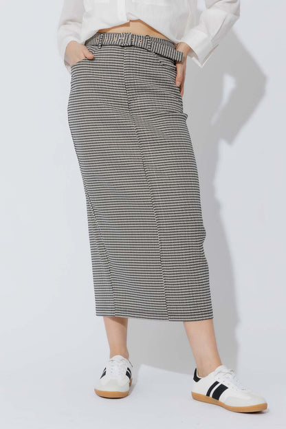 Black/White Lurex Belted Midi Skirt