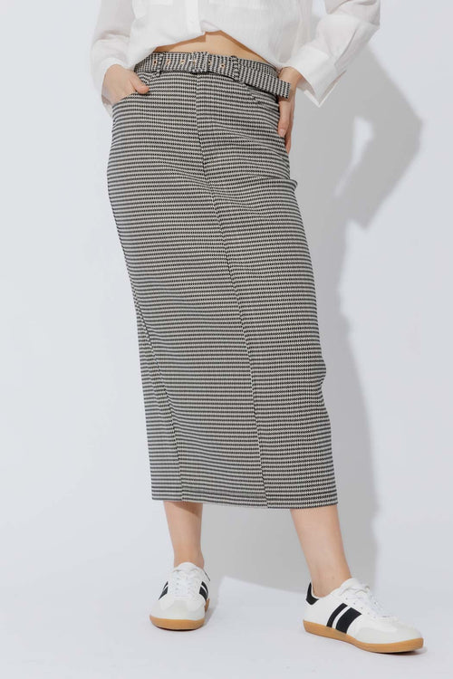 Black/White Lurex Belted Midi Skirt