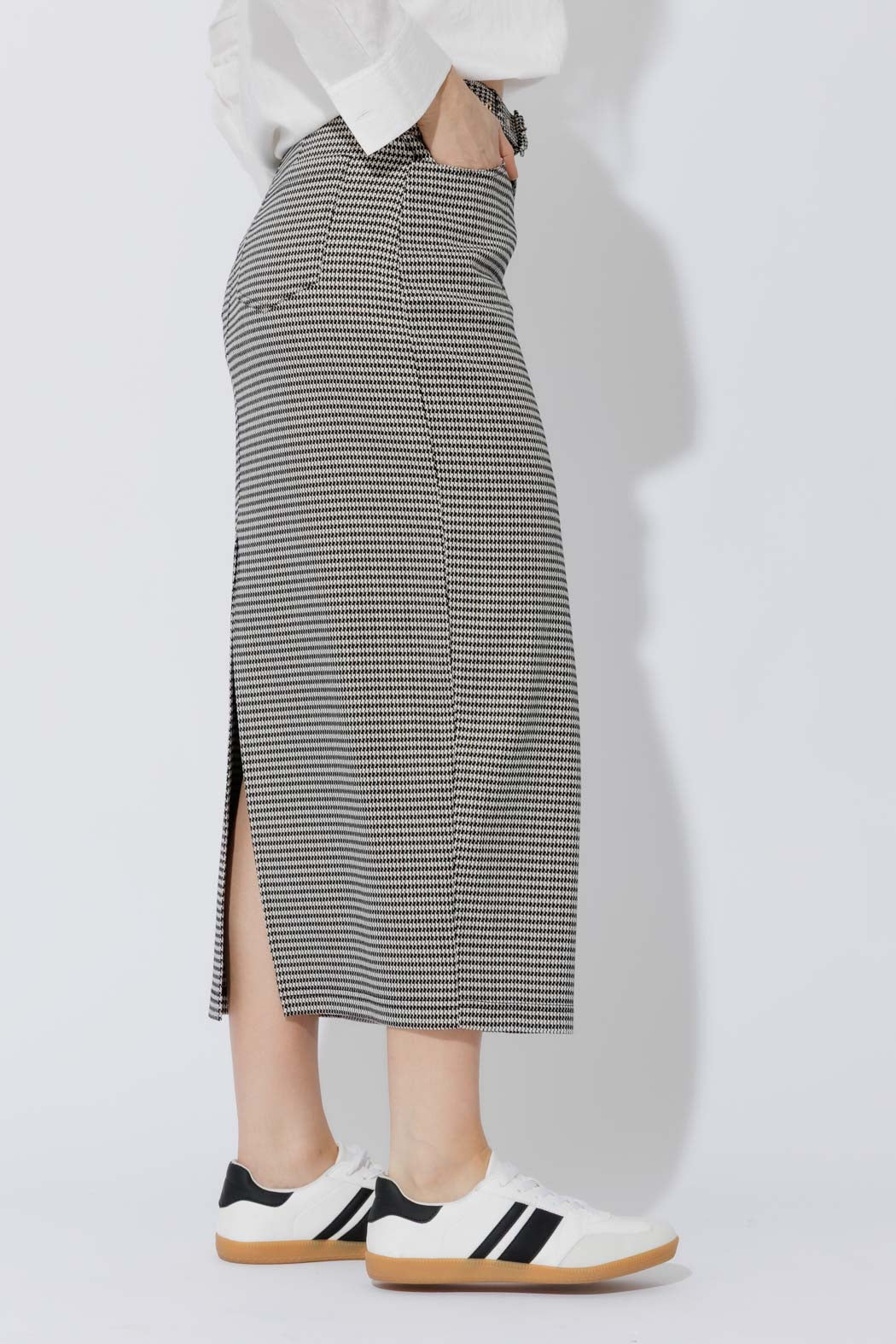 Black/White Lurex Belted Midi Skirt