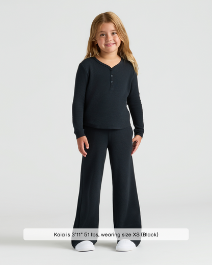 Girls Black Waffle Long Sleeve Henley & Waffle Leg Pants 2-Pack