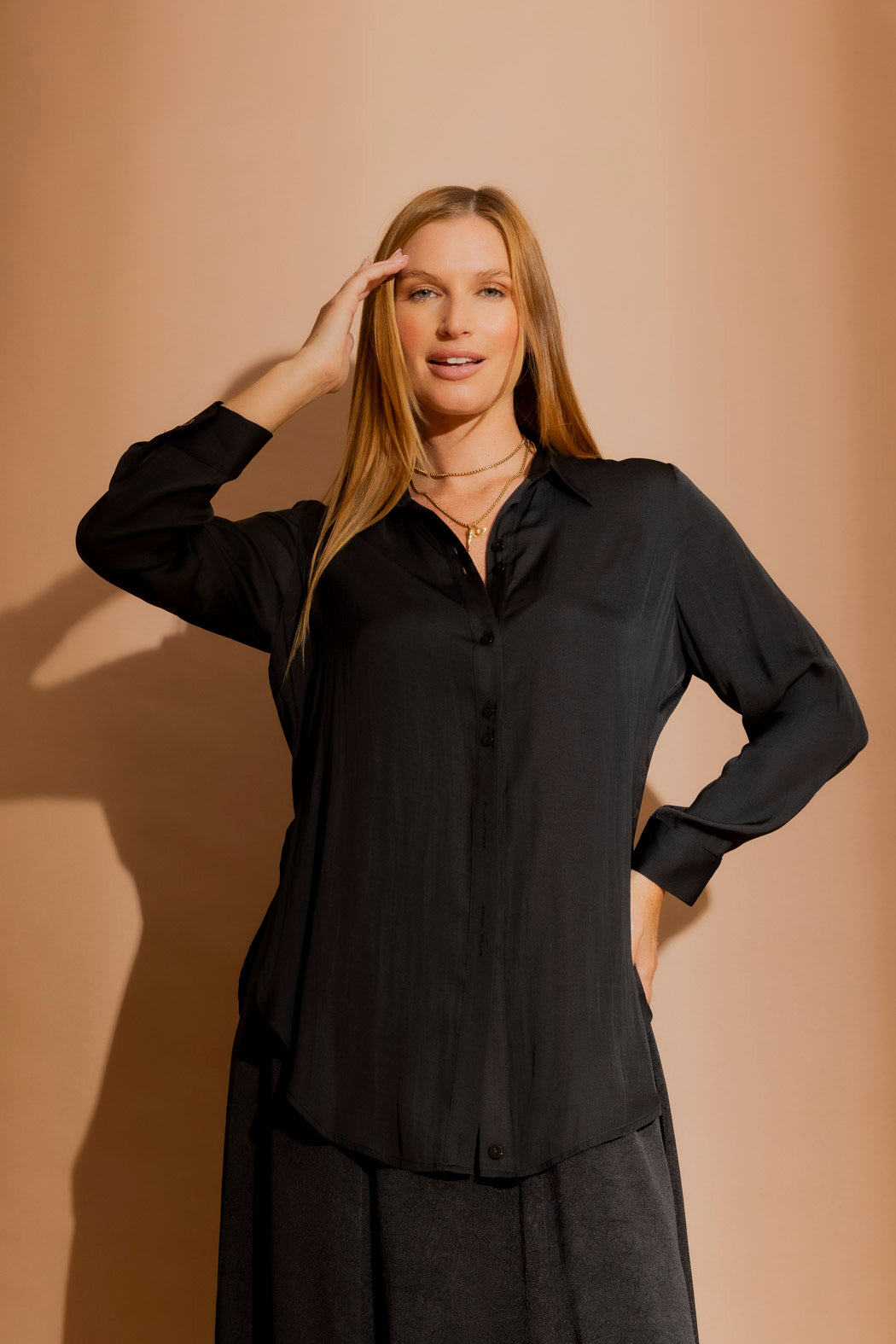 Black Silky Button Charlie Shirt