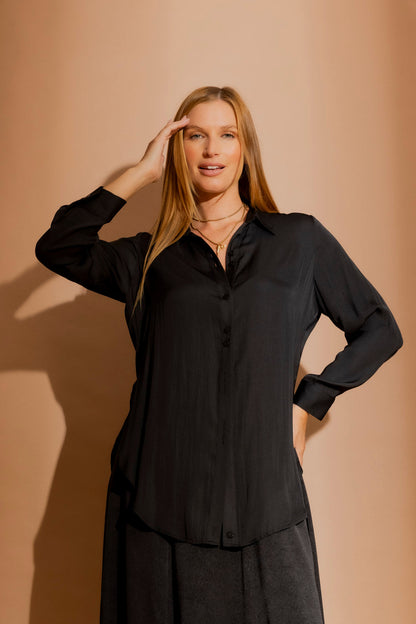 Black Silky Button Charlie Shirt