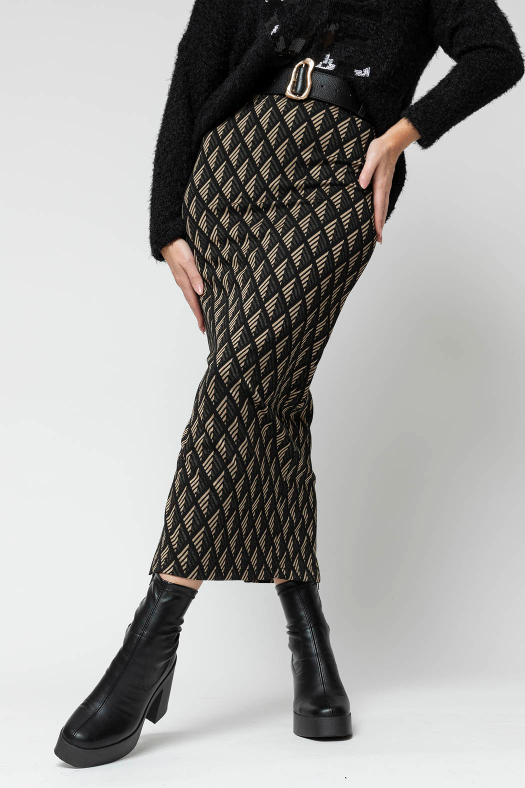 Black Taupe Geo Split Skirt