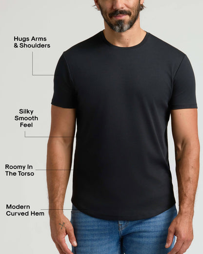 Black Pima Cotton Blend Curved Hem Crew