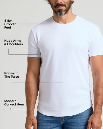 White Pima Cotton Blend Curved Hem Crew
