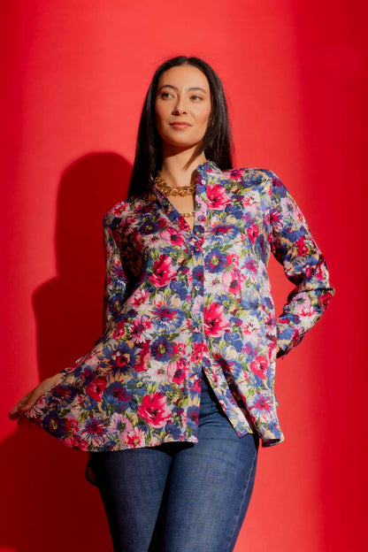 Blue Floral Stand Collar Shirt Blue Floral