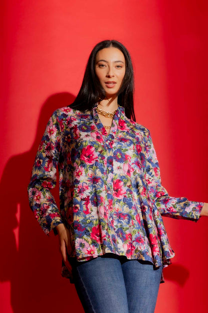 Blue Floral Stand Collar Shirt Blue Floral