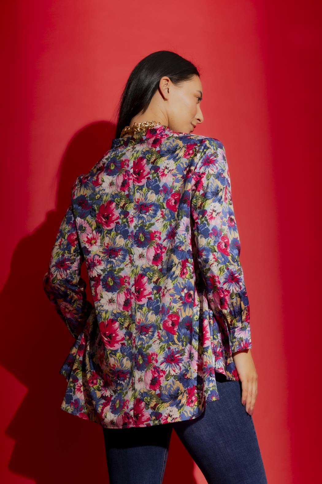 Blue Floral Stand Collar Shirt Blue Floral