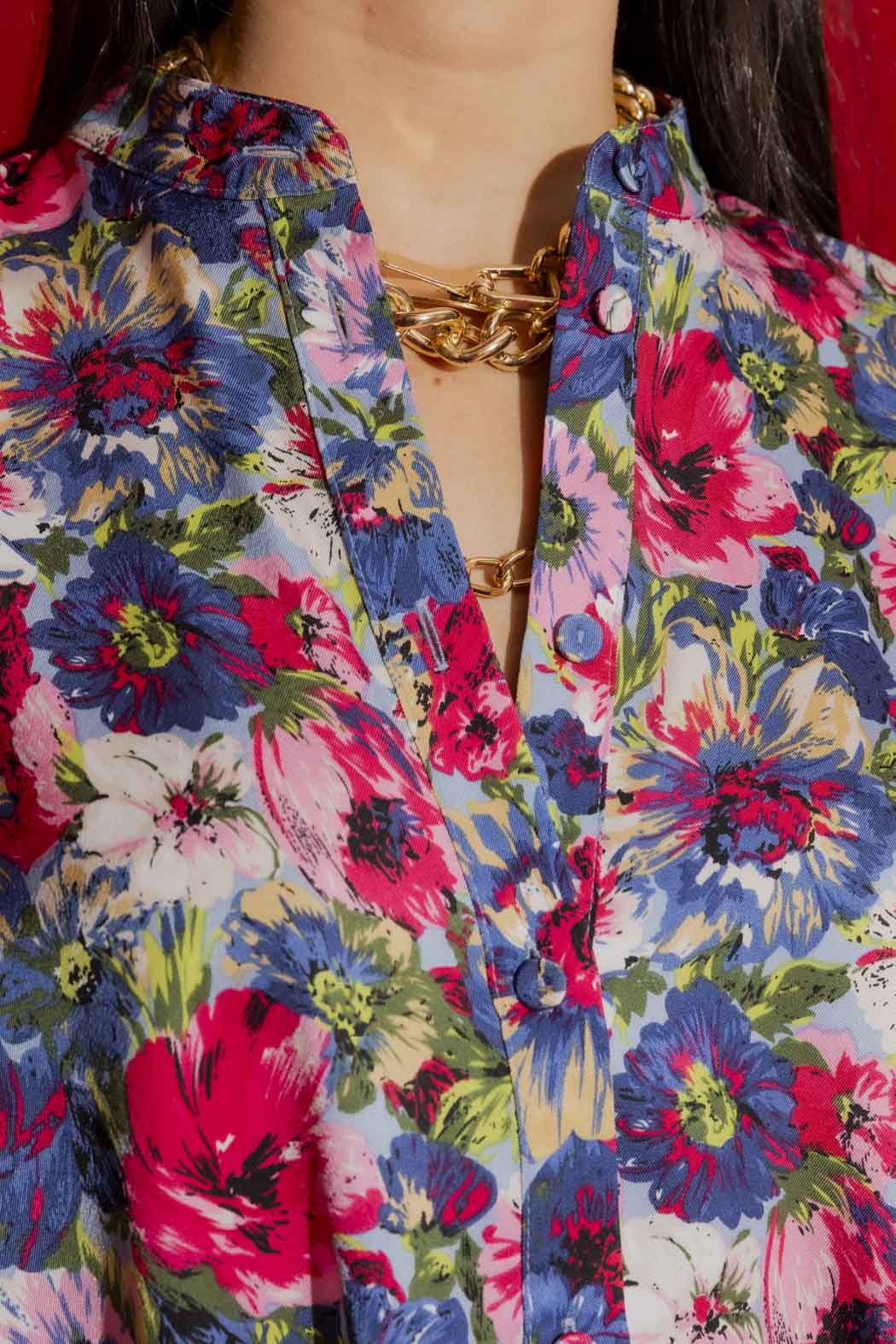 Blue Floral Stand Collar Shirt Blue Floral