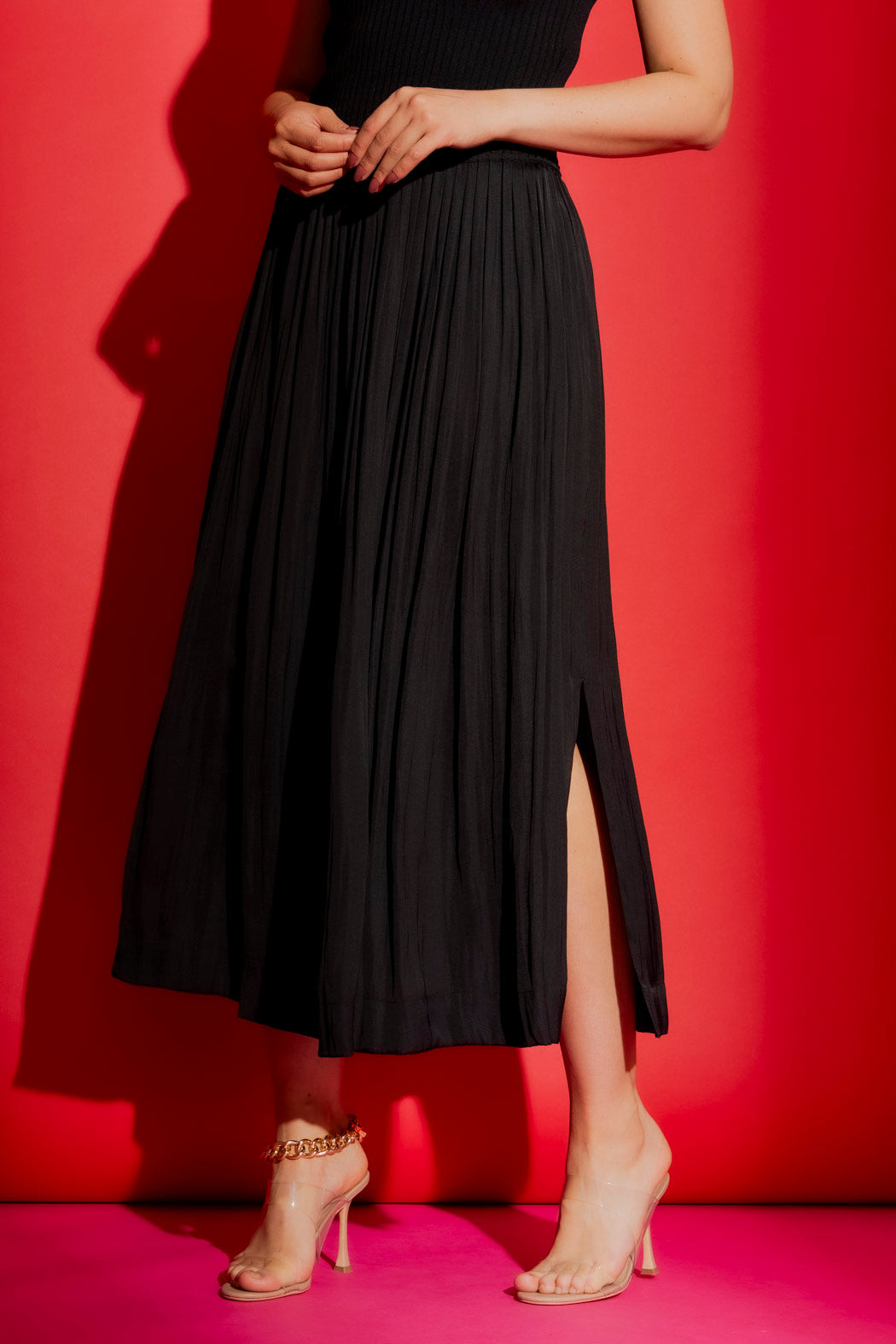 Black Silky Pleat Skirt