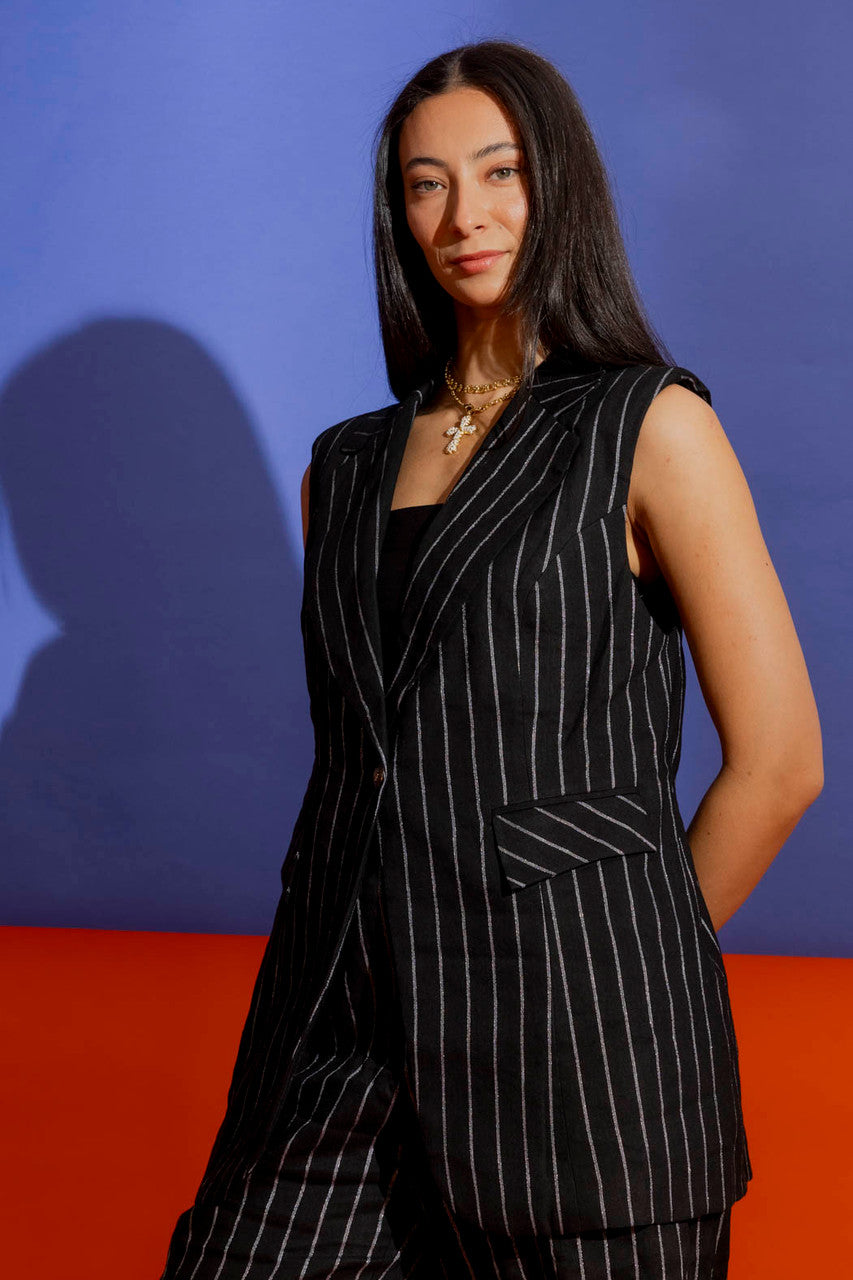 Black Stripe Linen Vest