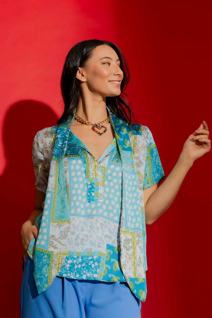Blue Paisley Tie Collar Cap Sleeve Top Blue Paisley