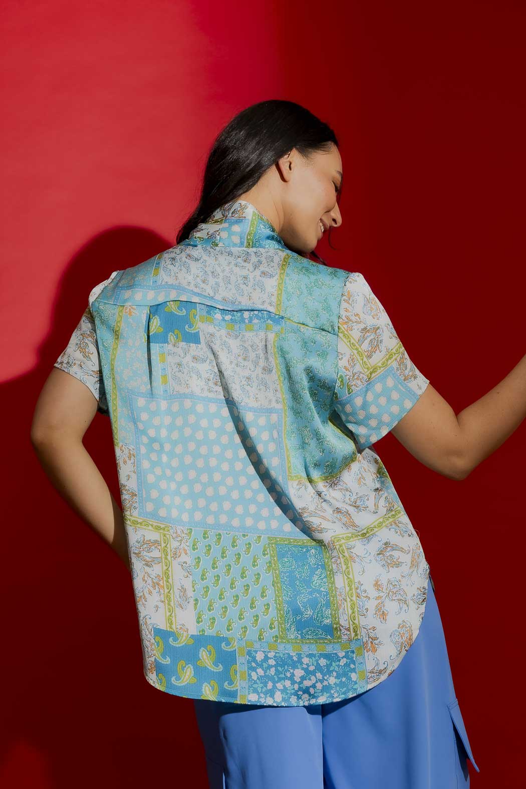 Blue Paisley Tie Collar Cap Sleeve Top Blue Paisley