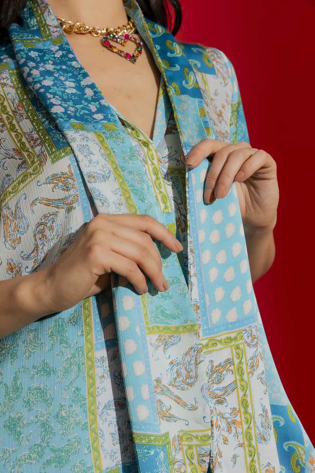 Blue Paisley Tie Collar Cap Sleeve Top Blue Paisley