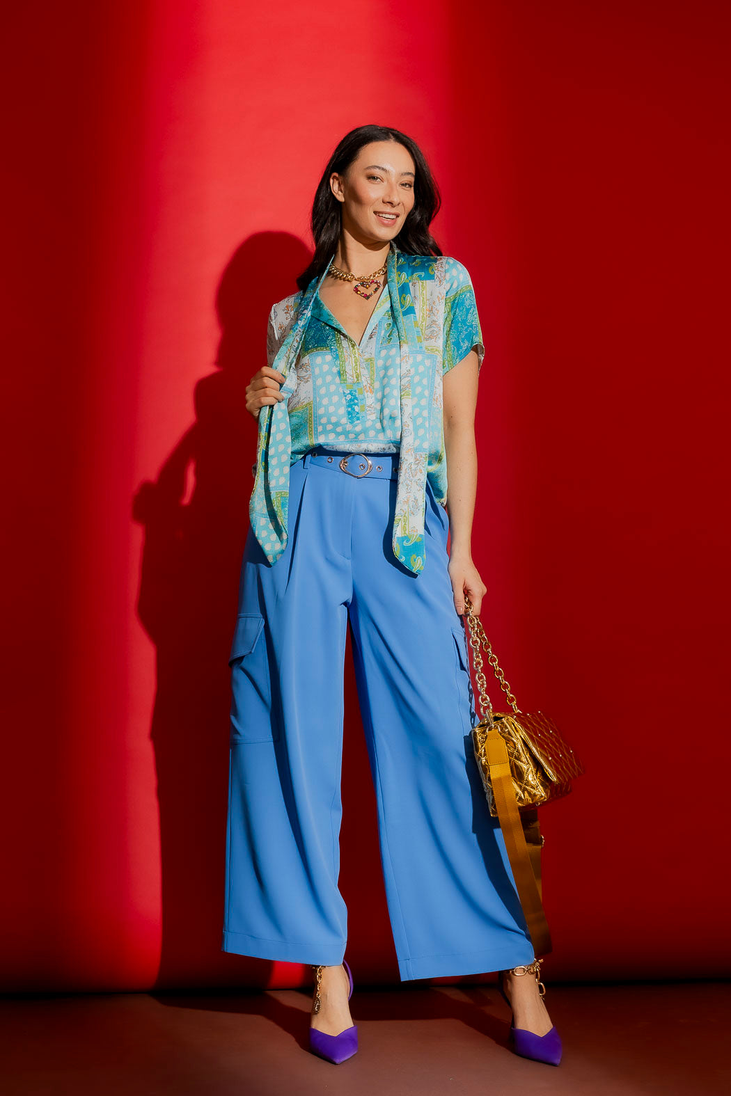Blue Paisley Tie Collar Cap Sleeve Top Blue Paisley