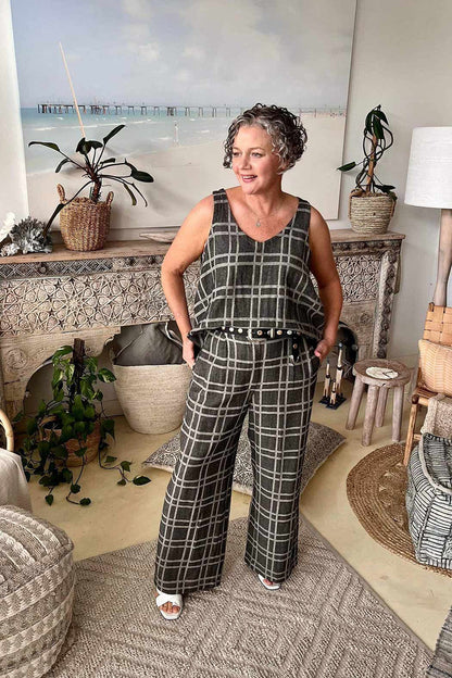 Black Check Linen Bell Top