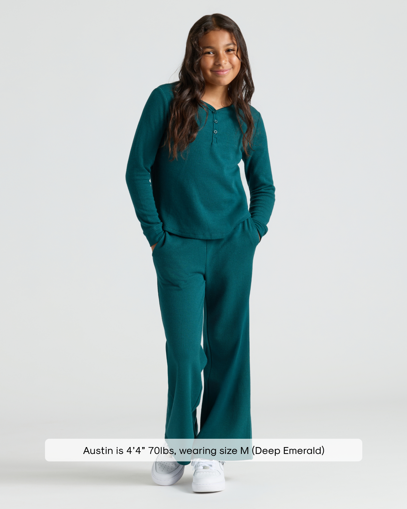 Girls Deep Emerald Long Sleeve Boxy Waffle Henley
