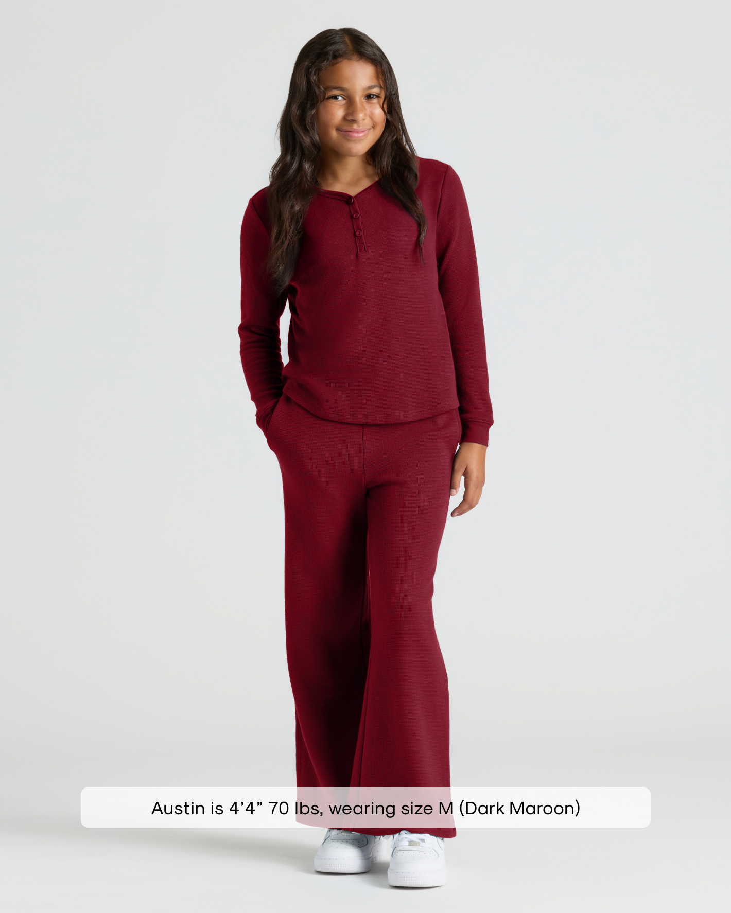 Girls Dark Maroon Long Sleeve Boxy Waffle Henley