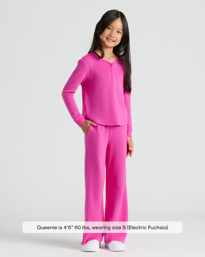Girls Electric Fuchsia Long Sleeve Boxy Waffle Henley