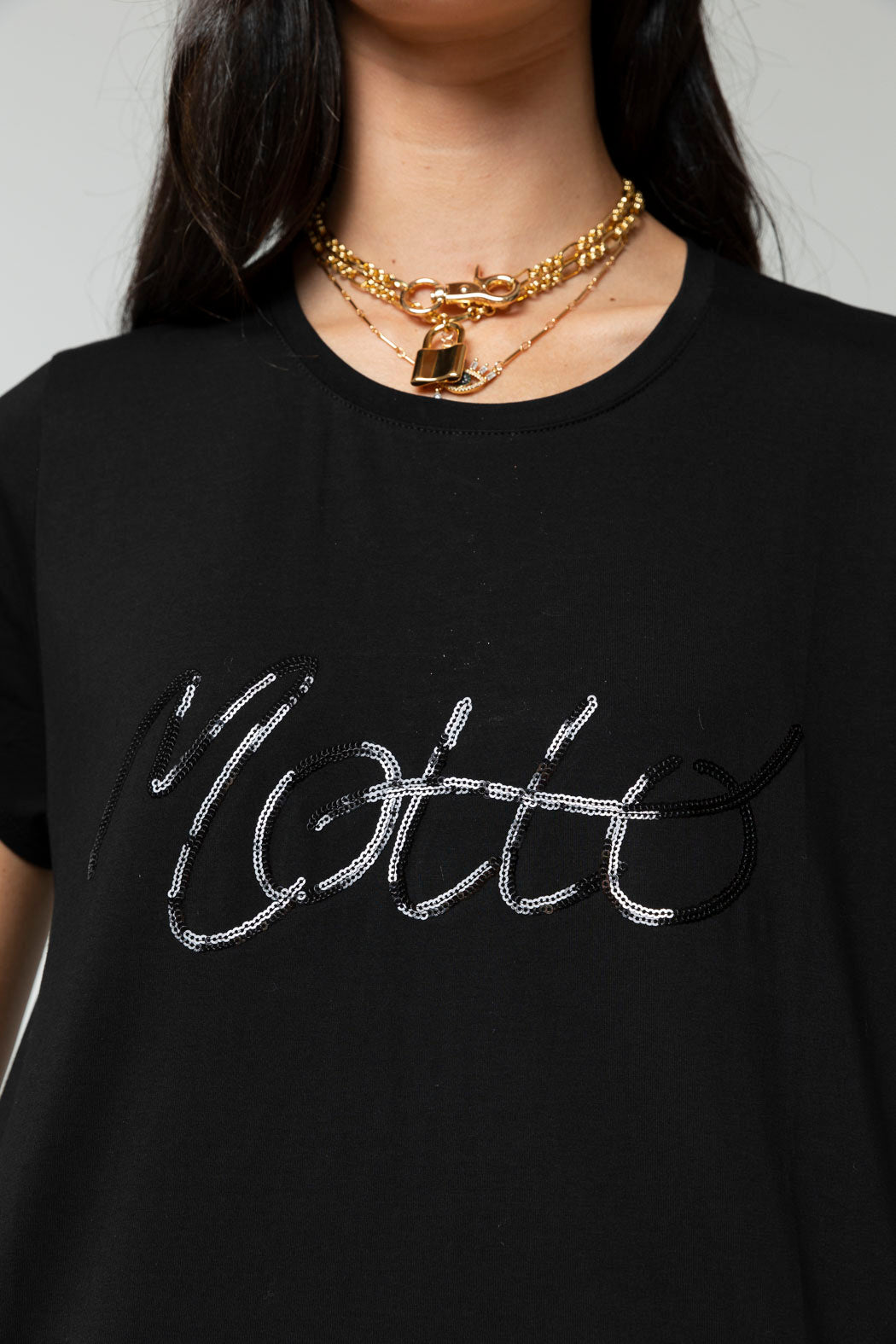 Black Motto Sequined T Shirt - Final Sale