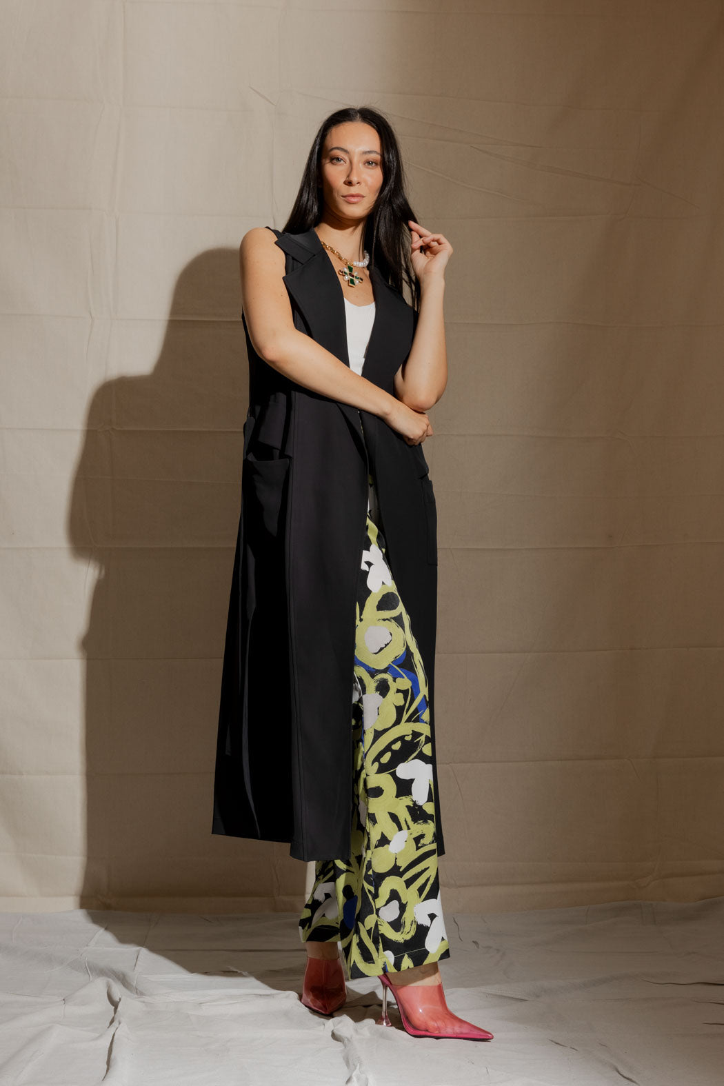 Black Euro Longline Belted Vest