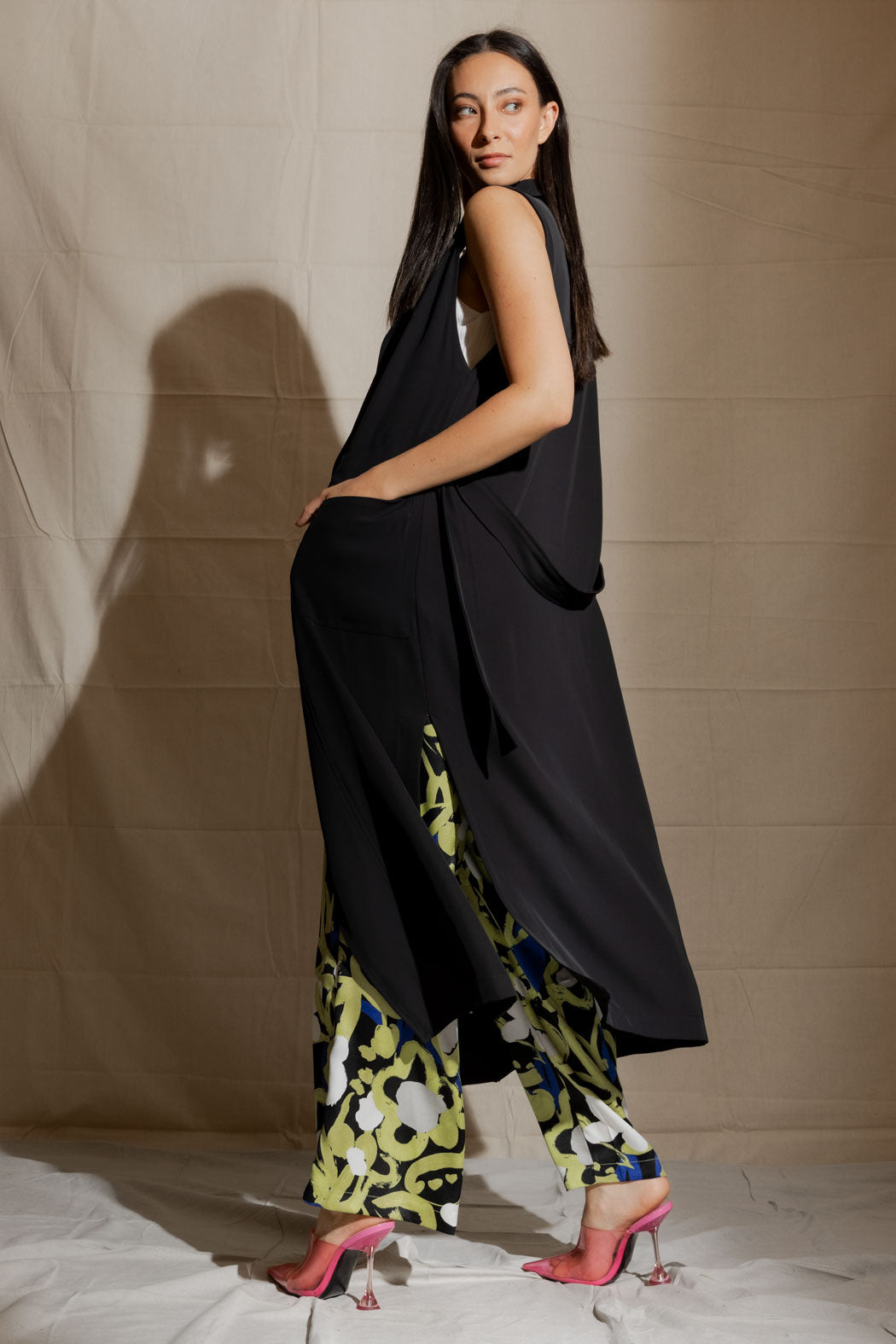 Black Euro Longline Belted Vest