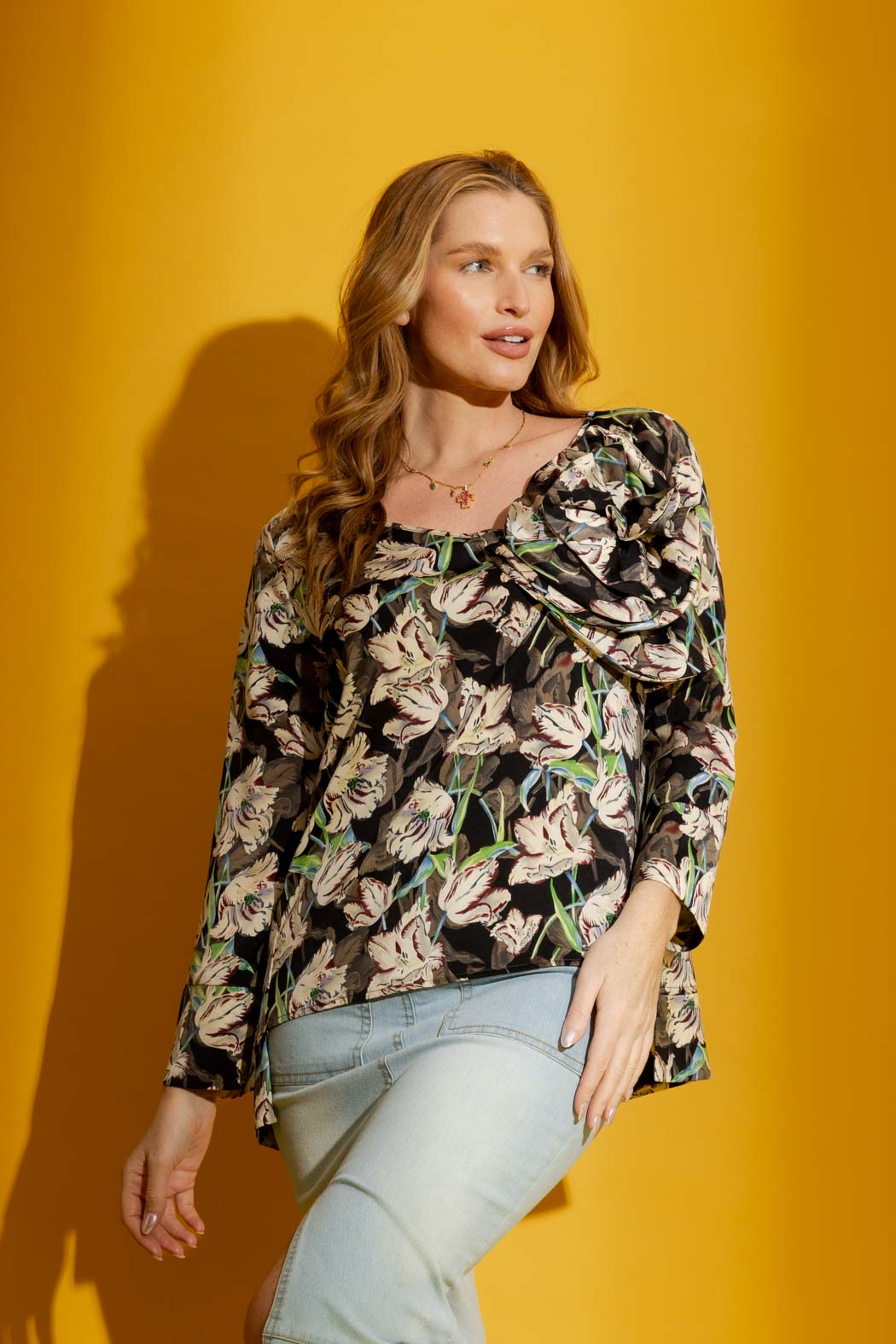 Black Floral Rosette Blouse