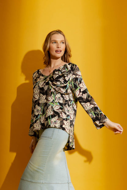 Black Floral Rosette Blouse