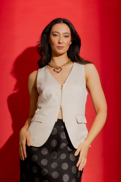 Bone Crushed Satin Zip Front Vest