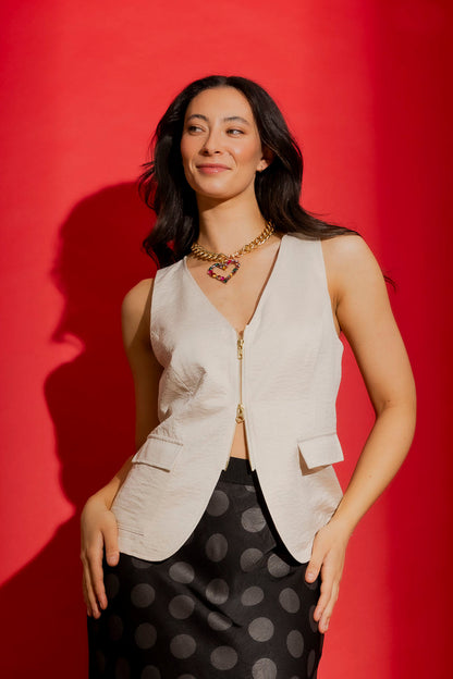 Bone Crushed Satin Zip Front Vest