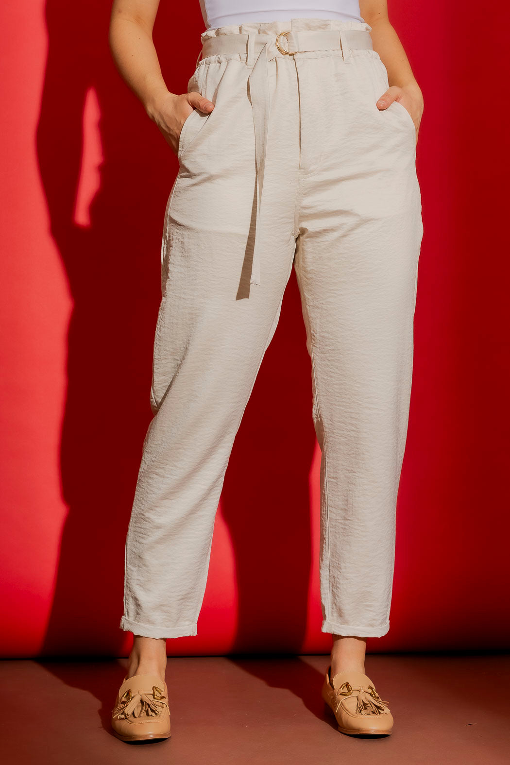 Bone Crushed Satin Paperbag Pant