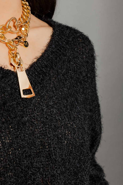 Black Fluffy V Neck Jumper