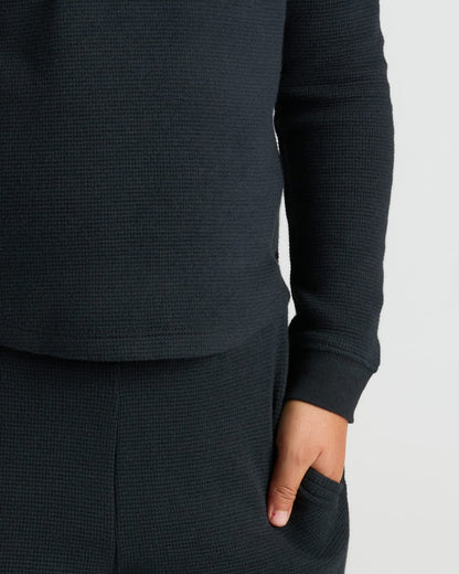 Girls Black Long Sleeve Boxy Waffle Henley