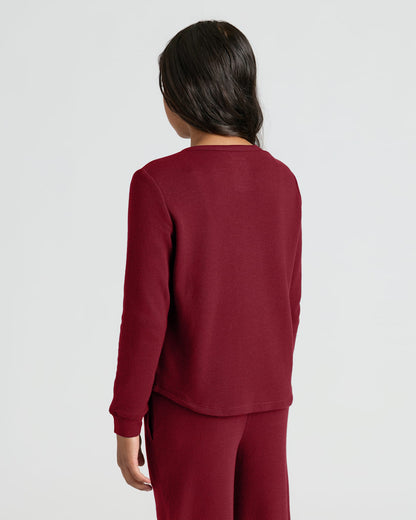 Girls Dark Maroon Long Sleeve Boxy Waffle Henley
