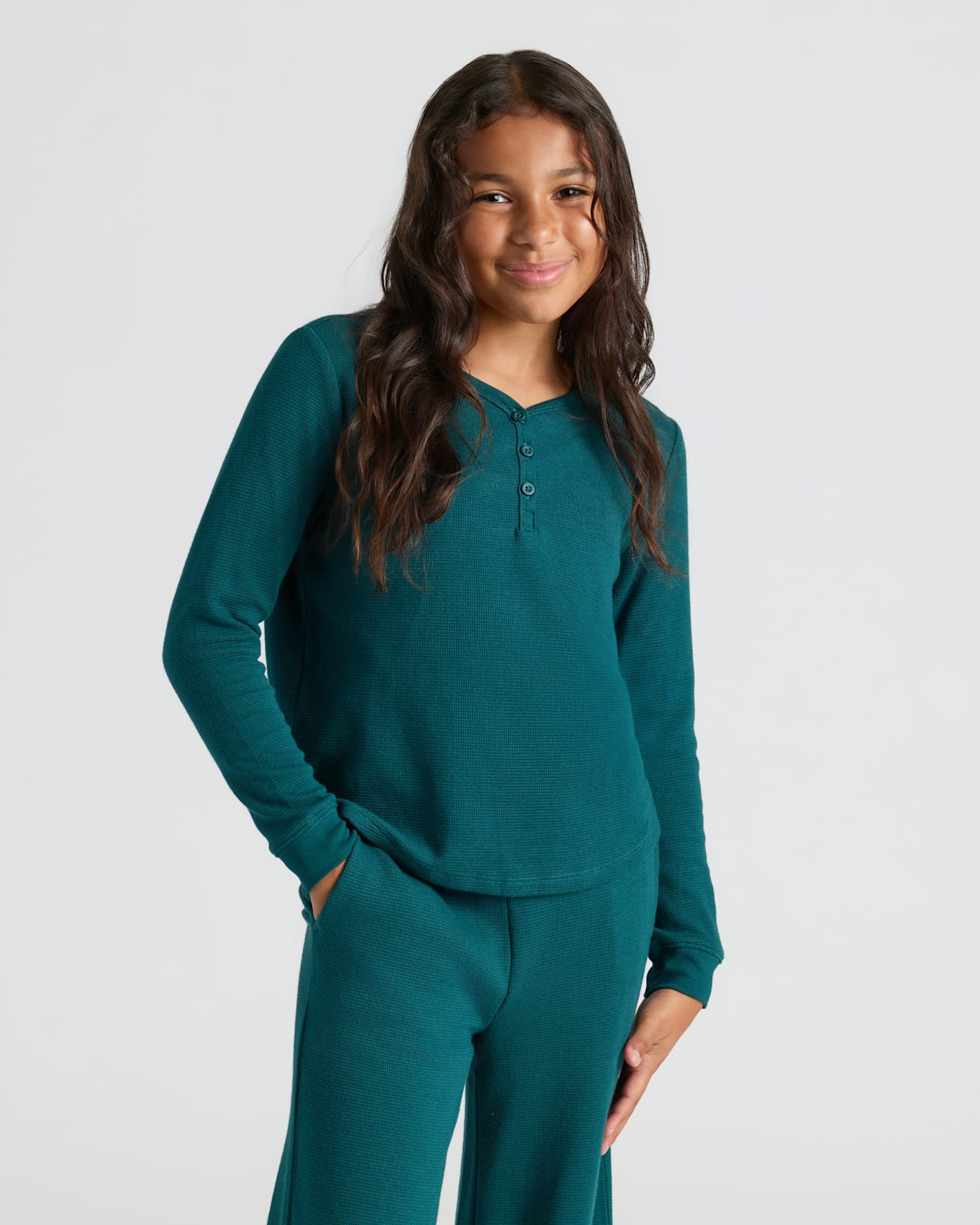 Girls Deep Emerald Waffle Long Sleeve Henley & Waffle Leg Pants 2-Pack