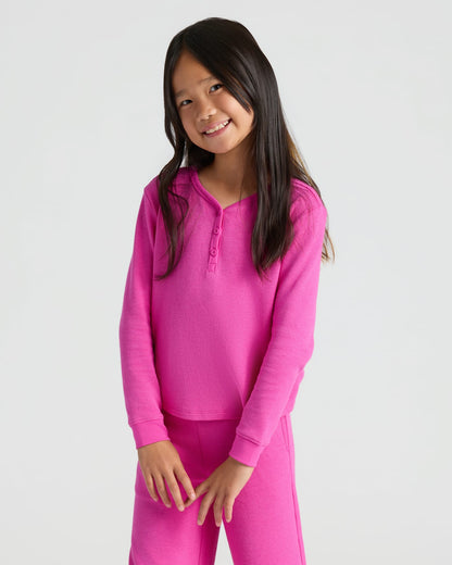 Girls Electric Fuchsia Waffle Long Sleeve Henley & Waffle Leg Pants 2-Pack