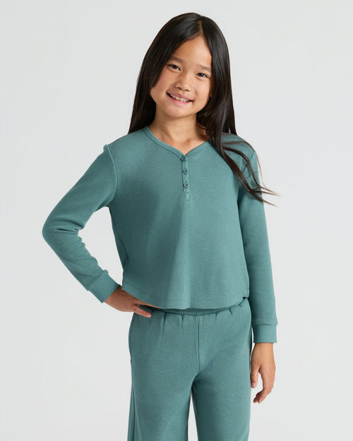Girls Stormcloud Long Sleeve Boxy Waffle Henley