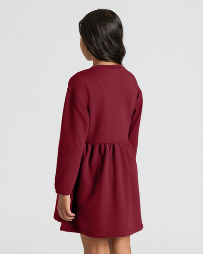 Girls Dark Maroon Long Sleeve Fleece Dress
